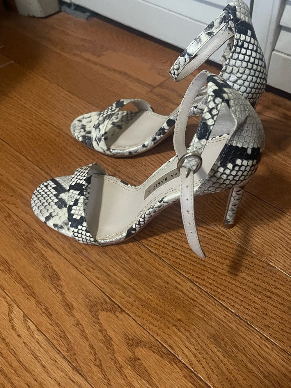 Zara Snake-Print Ankle-Strap Heels in Black & White - Picture 3 of 7